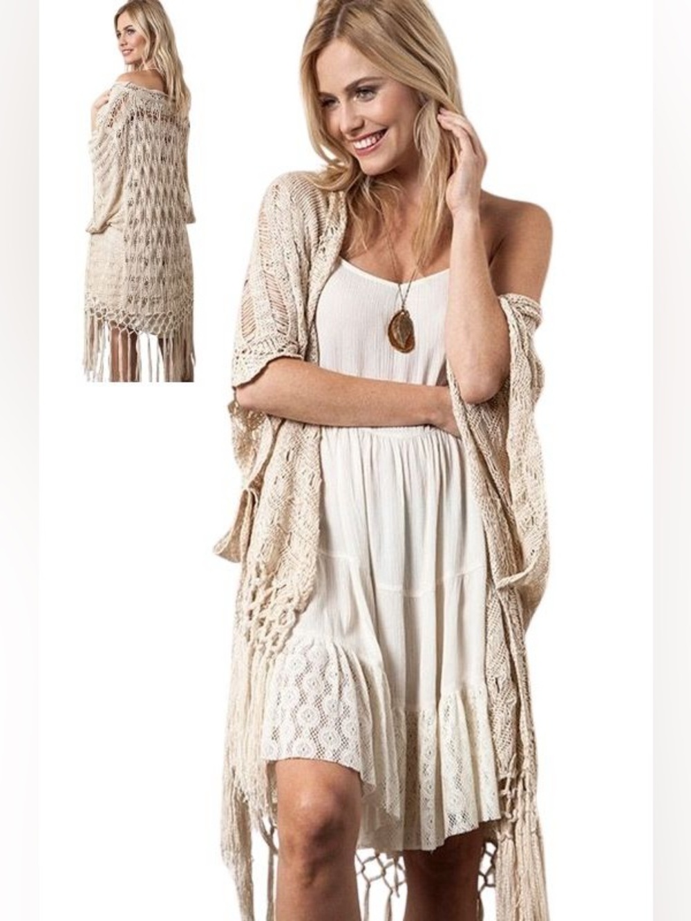 Kori | NWT Boho Fringe Open-Weave Kimono Cardigan - Neutral Cream M/L